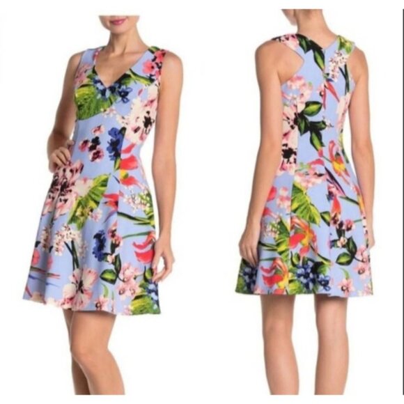 Vince Camuto Dress 4 Blue Floral A Line Stretch Career Church Washable NEW - Picture 1 of 13
